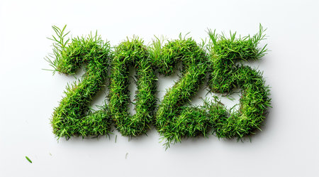 Happy New Year, numbers 2025 made from grass on a white background close up, created with Generative AI technologyの素材