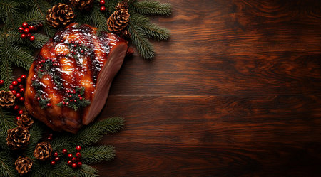 Ham and new year decorations on wooden background top view with space for text, created with Generative AI technologyの素材