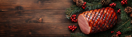 Ham and new year decorations on wooden background top view with space for text, created with Generative AI technologyの素材