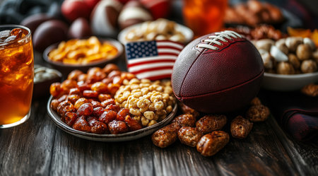 Super Bowl. American football, soccer ball with food, created using Generative AI technology.の素材