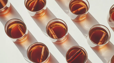 Mulled wine in glasses on a light background, top view, created with Generative AI technologyの素材