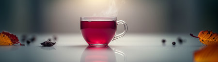 Cup with mulled wine, spices and fallen leaves on a dark background with space for text, created with Generative AI technologyの素材