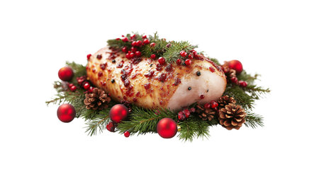 Baked ham and New Year's decorations close up, created with Generative AI technology, PNGの素材