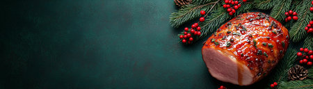 Ham and new year decorations on green background top view with space for text, created with Generative AI technologyの素材