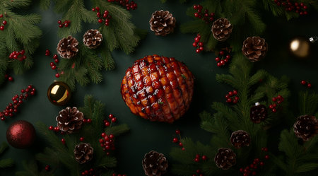 Ham and Christmas decorations on green background top view, created with Generative AI technologyの素材