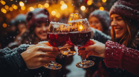 Glasses with mulled wine in women's hands outdoor close up, created with Generative AI technologyの素材