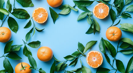 Tangerine, tangerines on a blue background, created by Generative AI technology.の素材
