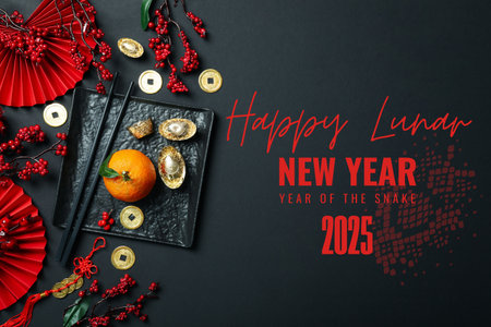 Chinese New Year, a poster for the new year, with traditional Chinese decor.の写真素材