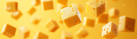 Cheese, cheese levitation, on a yellow background, created by Generative AI technology.の素材