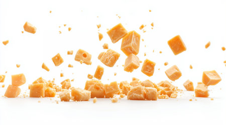 Cheese, cheese levitation, on a white background, created by Generative AI technology.の素材