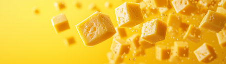 Cheese, cheese levitation, on a yellow background, created by Generative AI technology.の素材