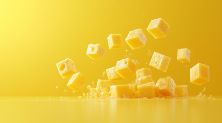 Cheese, cheese levitation, on a yellow background, created by Generative AI technology.の素材