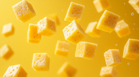 Cheese, cheese levitation, on a yellow background, created by Generative AI technology.の素材