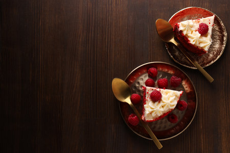 Pieces of red velvet cake on plates on wooden background, space for textの写真素材