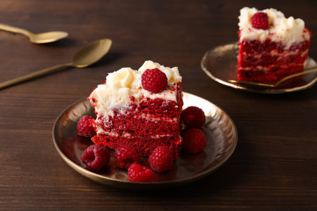 Pieces of red velvet cake on plates on wooden background, close upの写真素材