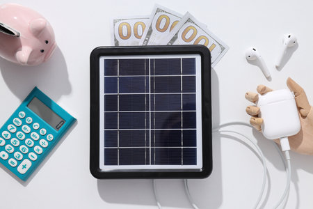 Portable solar panel with calculator and money