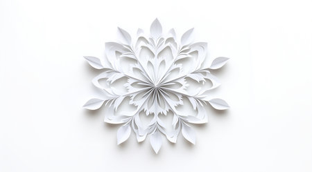 Paper white snowflake on a white background close up, created with Generative AI technologyの素材