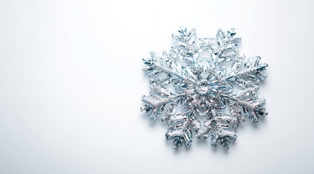 Decorative shiny snowflake on a white background with space for text, created with Generative AI technologyの素材