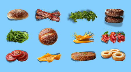 Ai. Ingredients for burgers, step-by-step assembly of a burger, with levitation, created using Generative AI technology.の素材