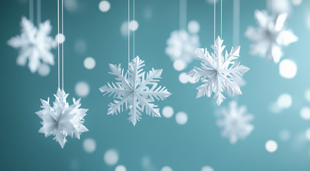 Hanging paper white snowflakes on a blue background, created with Generative AI technologyの素材
