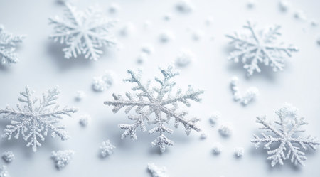 Shiny silver snowflakes on a white background close up, created with Generative AI technologyの素材