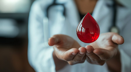 Blood Donor Month, a girl holding a drop of blood, created using Generative AI technology.の素材