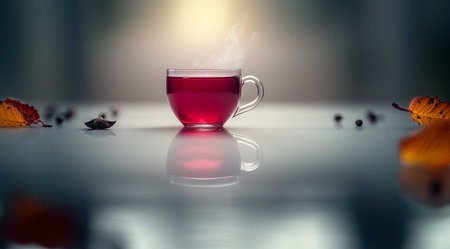 Cup with mulled wine, spices and fallen leaves on a dark background with space for text, created with Generative AI technologyの素材