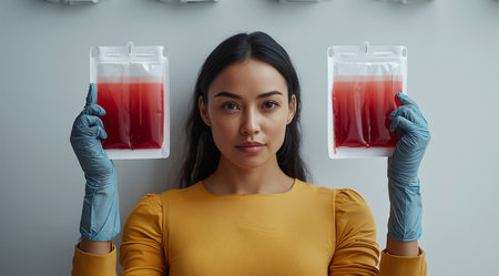 Blood Donor Month, a girl holding a drop of blood, created using Generative AI technology.の素材