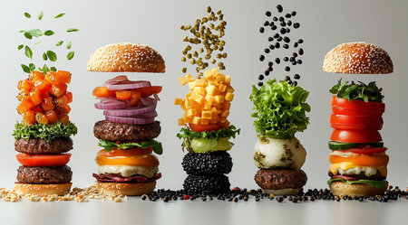 Ai. Ingredients for burgers, step-by-step assembly of a burger, with levitation, created using Generative AI technology.の素材