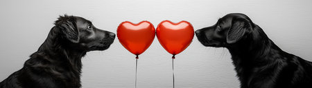 Valentine's day, two black dogs and red heart-shaped balloons on a gray background close up, created with Generative AI technologyの素材