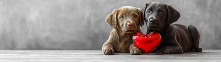Valentine's day, two puppies and a red foil balloon in the shape of a heart on a gray background with space for text, created with Generative AI technologyの素材