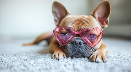 Valentine's Day, dog wearing pink heart-shaped glasses on a light background with space for text, created with Generative AI technologyの素材
