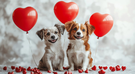 Valentine's Day, puppies and red heart-shaped balloons on a light background, created with Generative AI technologyの素材