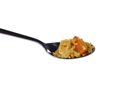 PNG, spoon filled with pilaf, isolated on white background.の写真素材