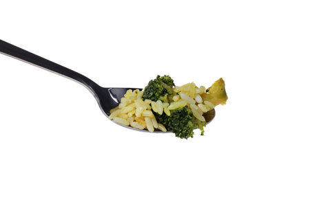 PNG, spoon filled with pilaf, isolated on white background.の写真素材