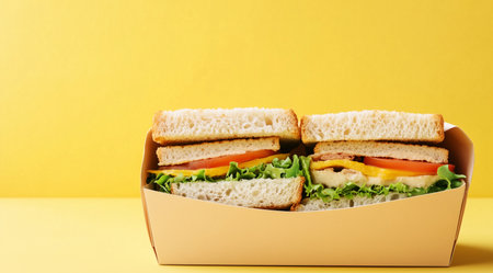 Sandwich, an appetizing sandwich on a yellow background, created using Generative AI technology.の素材