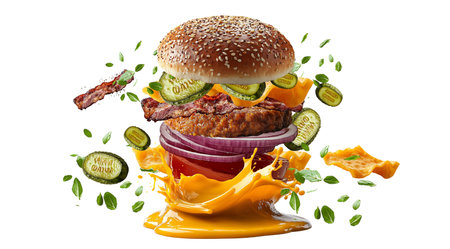 PNG, Burger ingredients, ready burger, isolated on white background, designed and generated by AI technology.の素材