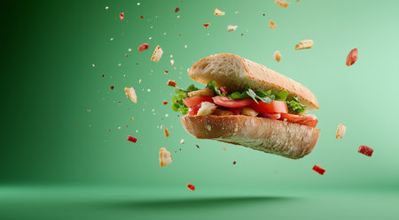 Sandwich, an appetizing sandwich on a green background, created using Generative AI technology.の素材