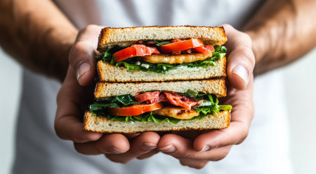 A sandwich, an appetizing sandwich in your hands, created using Generative AI technology.の素材