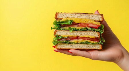 Sandwich, an appetizing sandwich on a yellow background, created using Generative AI technology.の素材