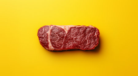 Steak. Meat Long, pieces of meat, on a yellow background, created with Generative AI technology.の素材