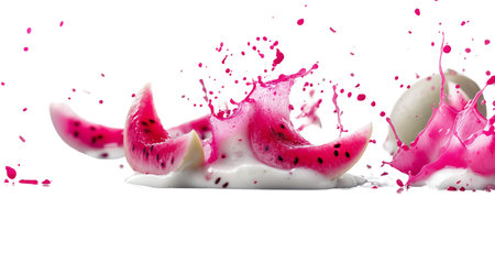PNG, Splash milk and fruit, fruit in milk, isolated on white background, generated by Generative AI technology.の素材