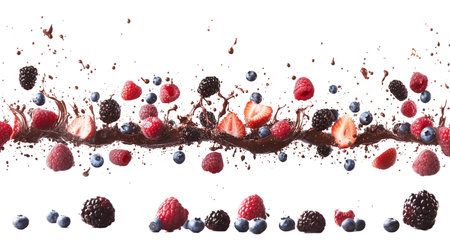 PNG, Splash milk and fruit, fruit in chocolate, isolated on white background, generated by Generative AI technology.の素材