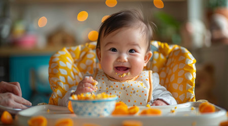 Happy baby at a children's table with an armchair eats porridge close up, created with Generative AI technologyの素材