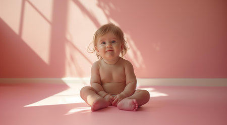 Baby sits on a pink background with space for text, created with Generative AI technologyの素材