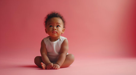 Curly dark girl baby sits on a pink background with space for text, created with Generative AI technologyの素材