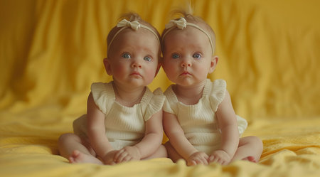 Two twin girls with bows on their heads in yellow dresses sitting on a yellow background, created with Generative AI technologyの素材