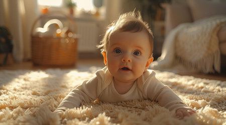 Cheerful child crawling on the floor in the hall, created with Generative AI technologyの素材