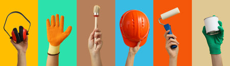 Repair accessories, collage of hands with repair accessories on color backgrounds