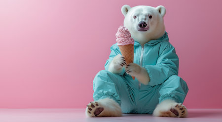 Polar bear with ice cream in his paws, created with Generative AI technology.の素材